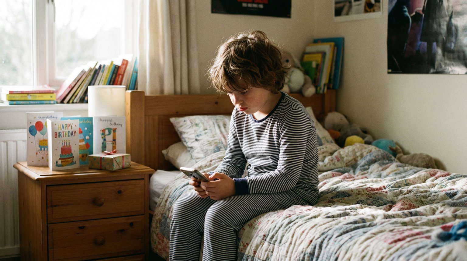 Child sitting alone on bed looking at phone with disappointed expression and birthday cards on nightstand