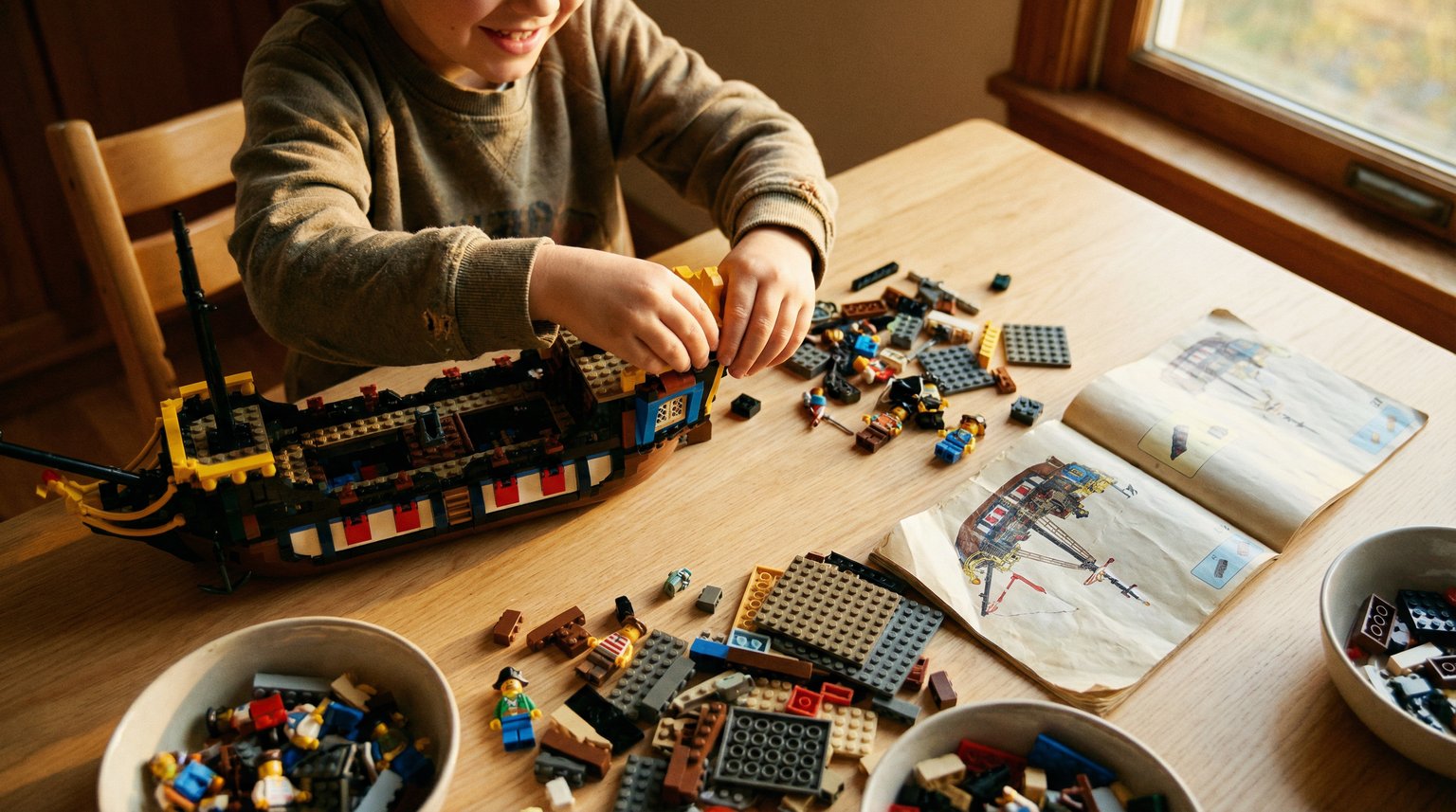 Child's hands dismantling completed LEGO set with pieces being sorted and instruction booklet pushed aside