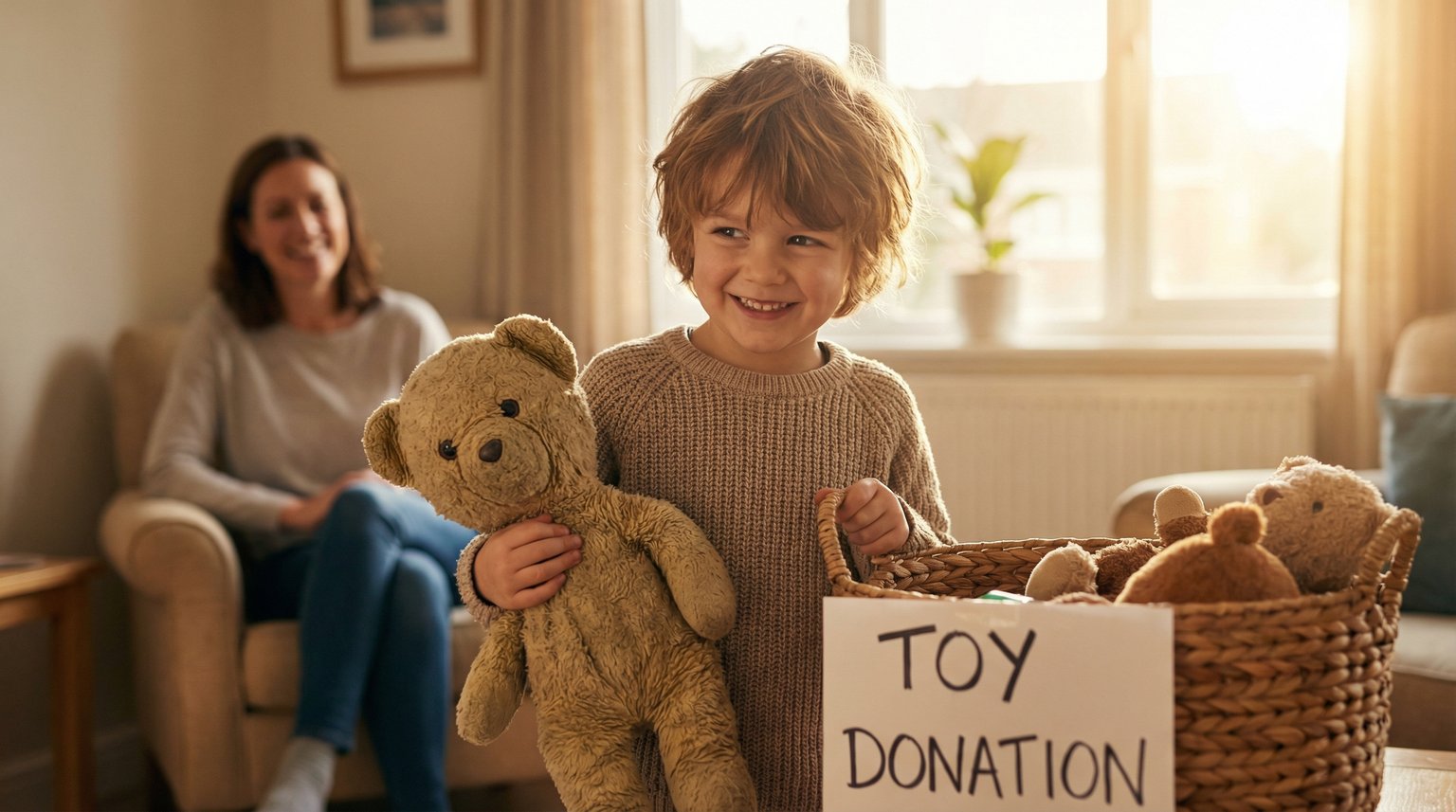 Young child proudly holding up stuffed animal next to donation basket with supportive parent in background