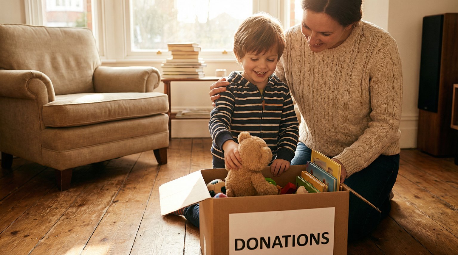 Parent and child placing toy in donation box together with proud smile