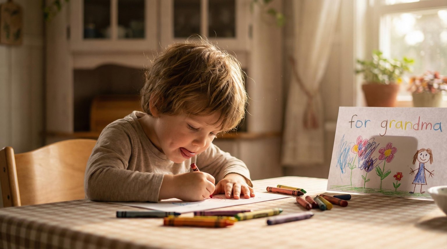 Preschooler intensely focused on drawing colorful picture at kitchen table with crayons scattered around