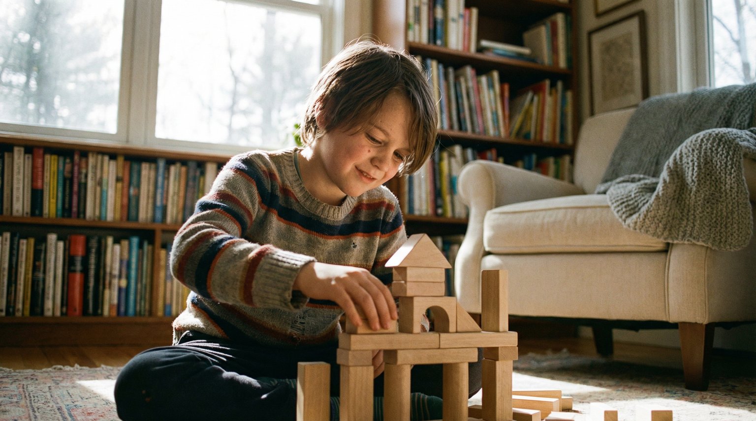 Child deeply absorbed in genuine hobby like building or painting in cozy home corner with warm natural light