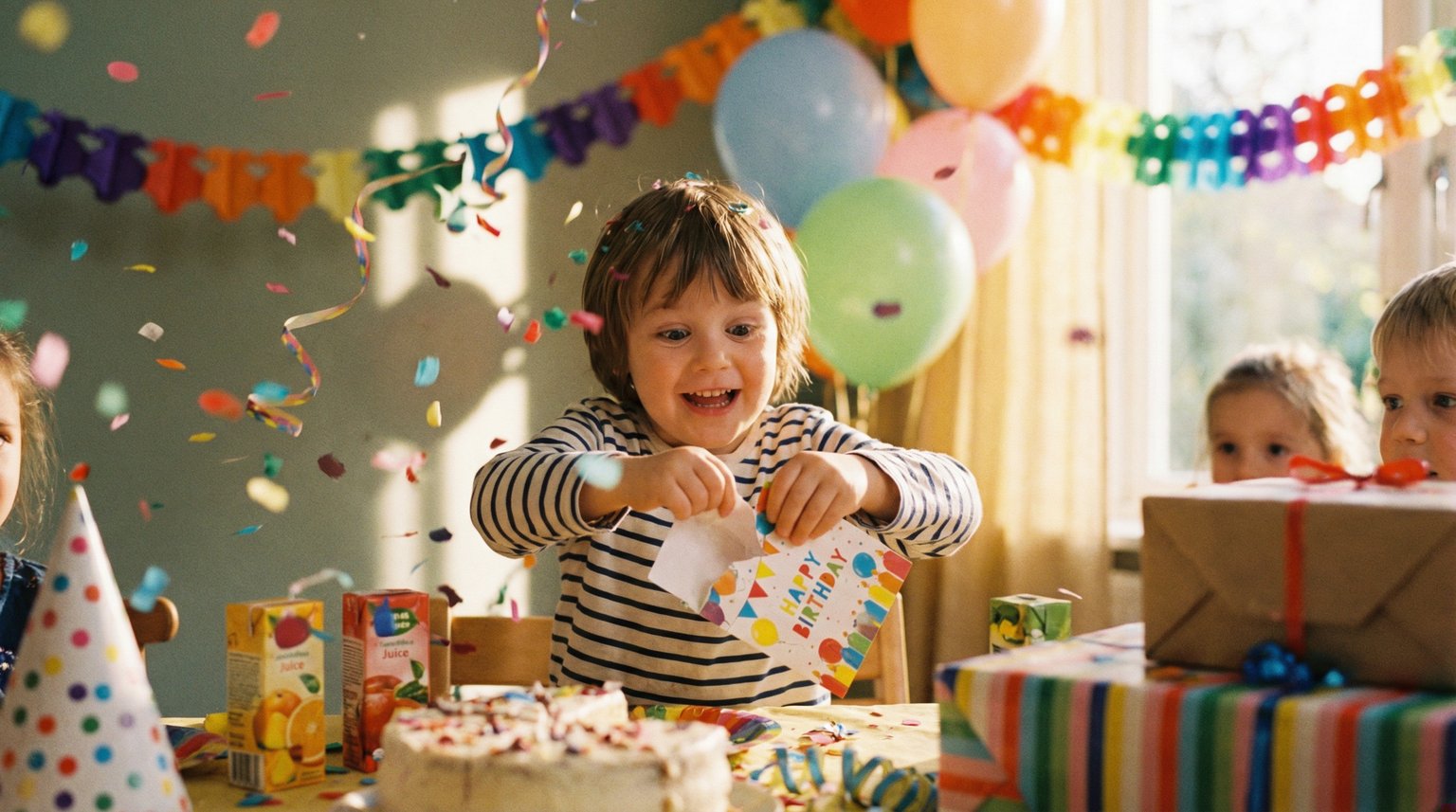 Young child excitedly opening birthday card at party with colorful decorations and pure joy