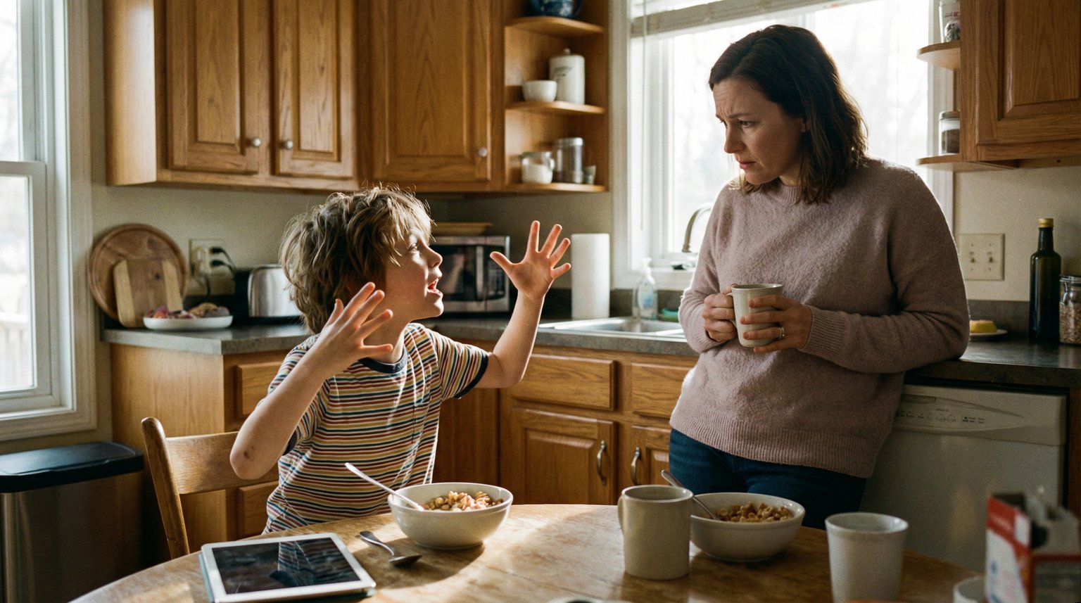 Eight-year-old child gesturing excitedly while talking to parent in kitchen about something seen online