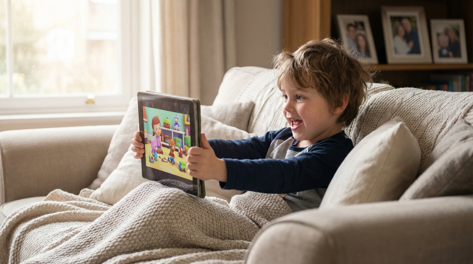 Young child on couch eyes wide with excitement holding tablet showing colorful video