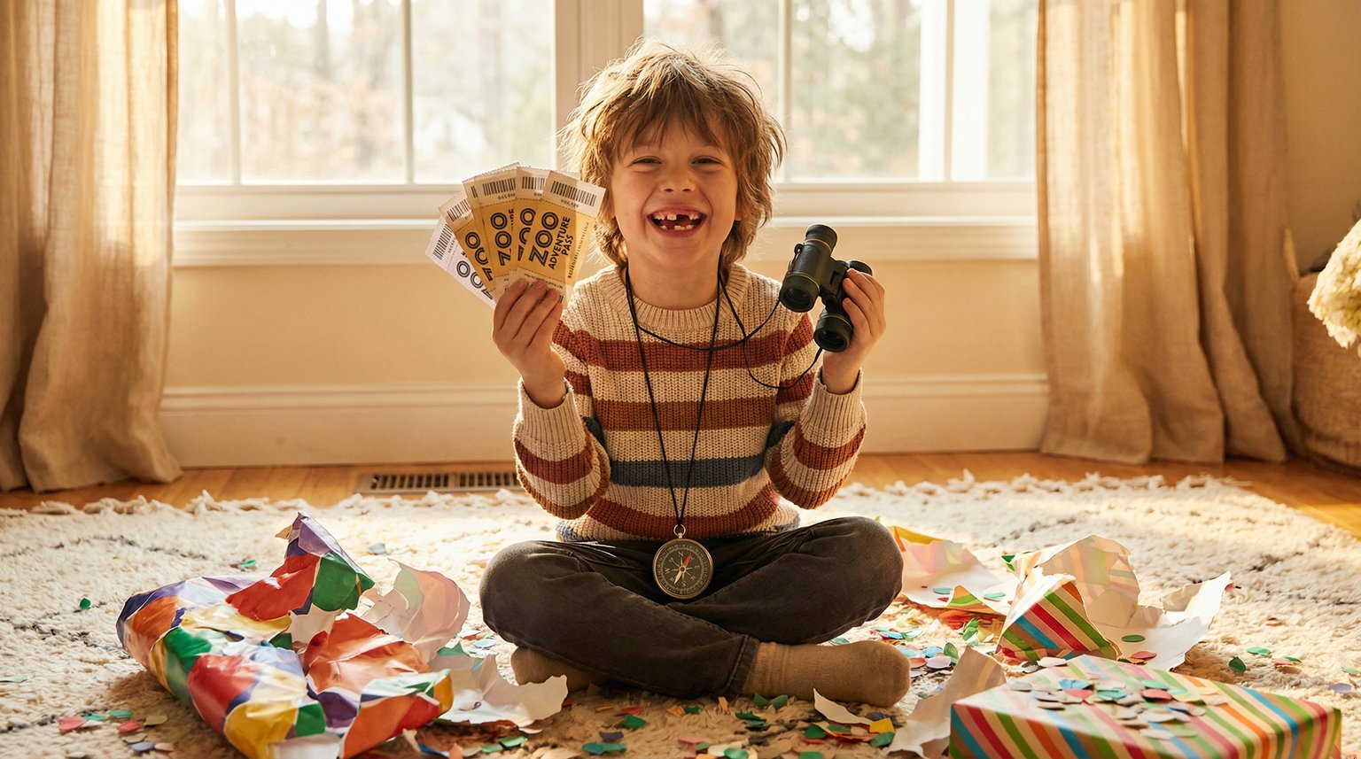 Child around 6-7 years old with big genuine smile excitedly holding experience tickets with confetti visible