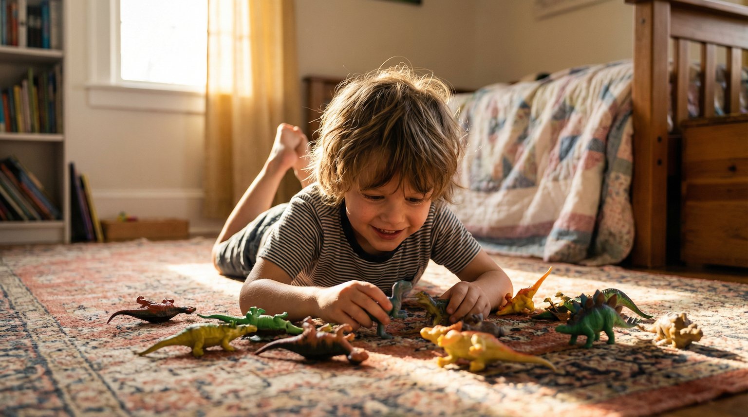 Young child lying on stomach deeply engaged playing with plastic dinosaurs on bedroom rug