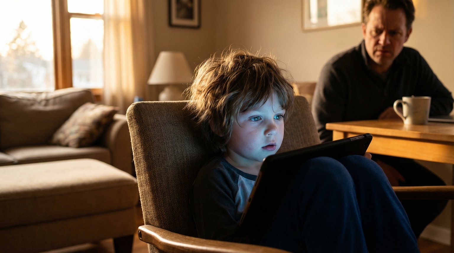 Young child intensely focused on tablet screen with face illuminated by blue glow in cozy living room