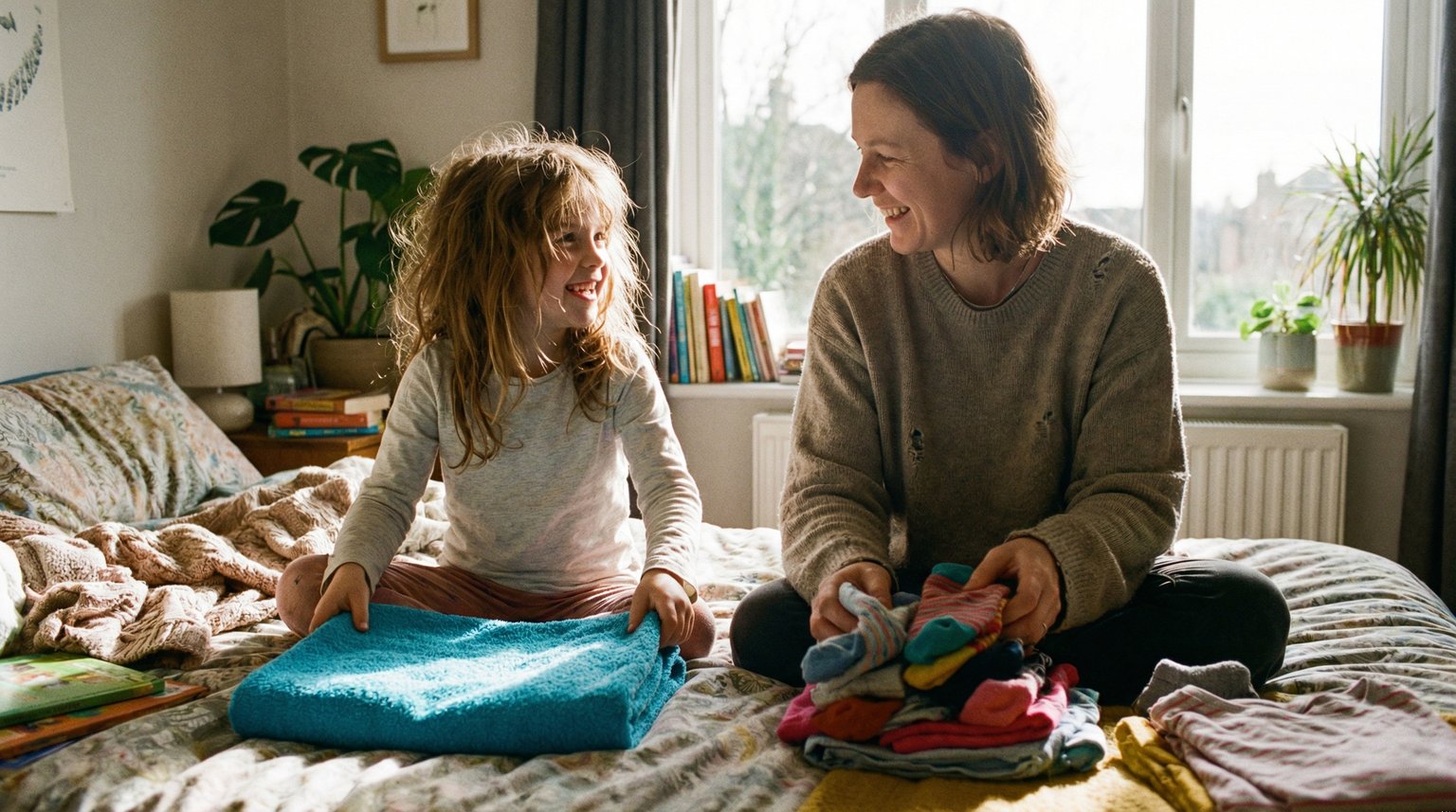 Eight-year-old child helping fold colorful laundry on bed alongside engaged parent