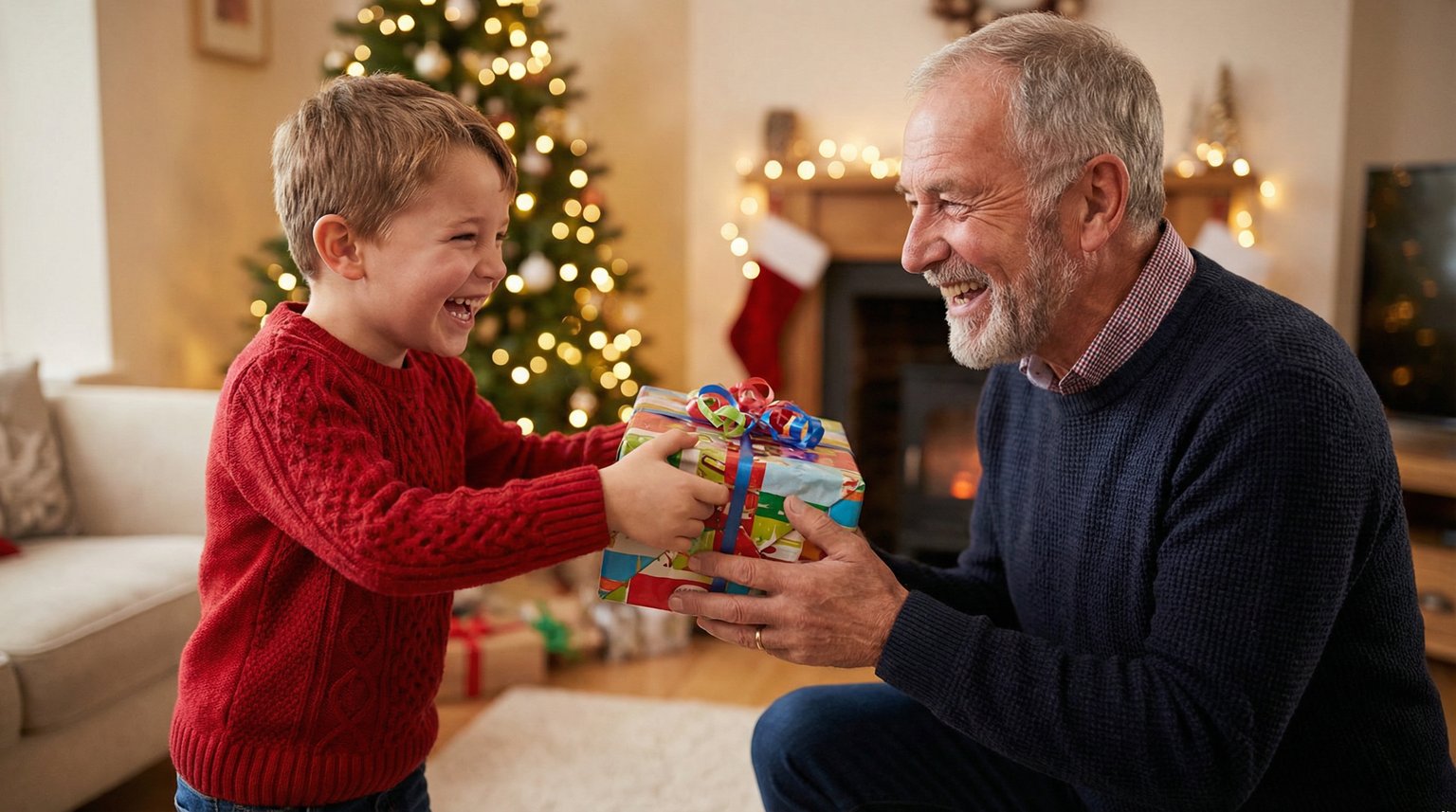 Child around 6 years old excitedly handing wrapped gift to delighted grandparent both smiling