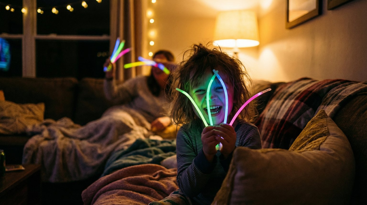 Young child holding glow sticks in dimly lit living room with face glowing colorful light and pure joy