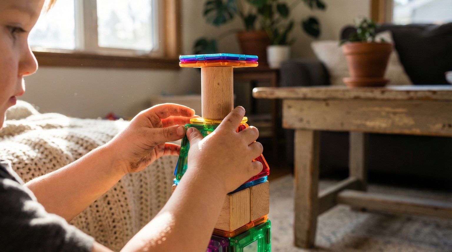 Child's hands actively building with colorful blocks in warm natural lighting