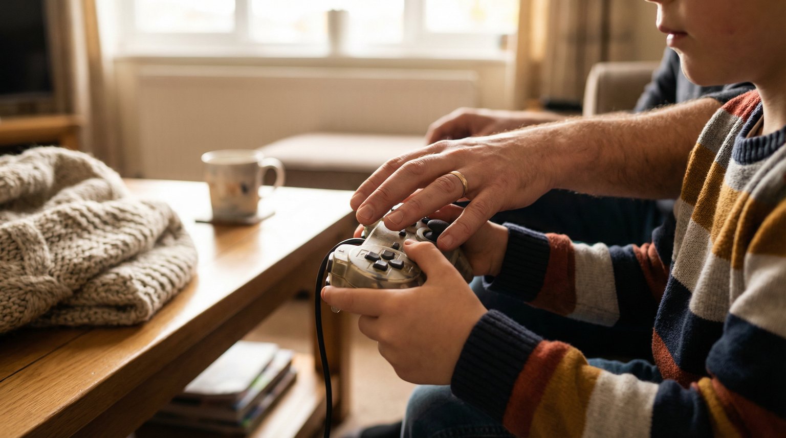 Close-up of child's hands gripping gaming controller with parent's hand resting nearby in gentle boundary-setting moment