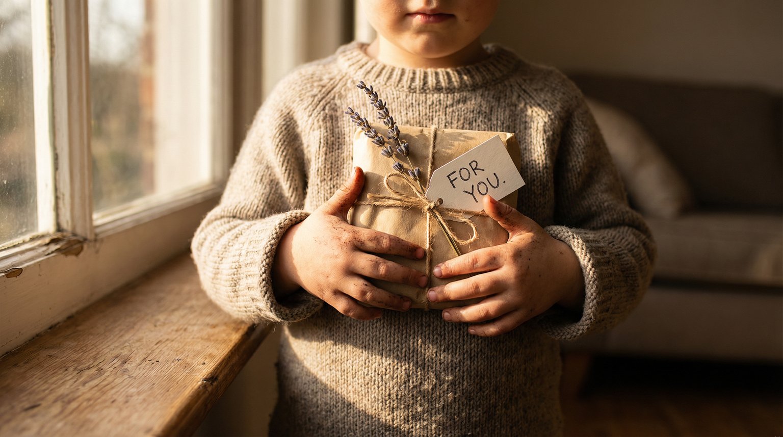 Child's hands carefully holding a simple wrapped present with genuine tenderness in warm lighting