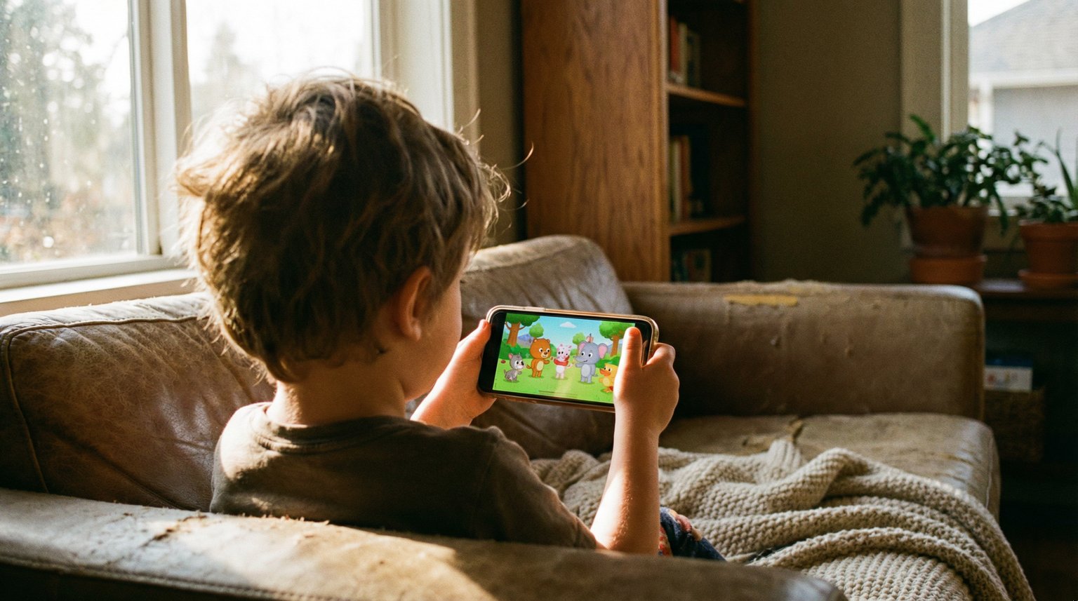 Child's hands holding smartphone horizontally watching colorful video with warm afternoon light