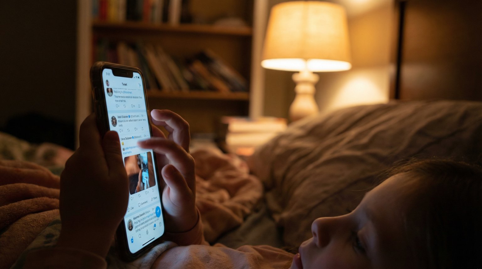 Child's hands holding phone with thumb mid-swipe, soft glow illuminating face in cozy bedroom