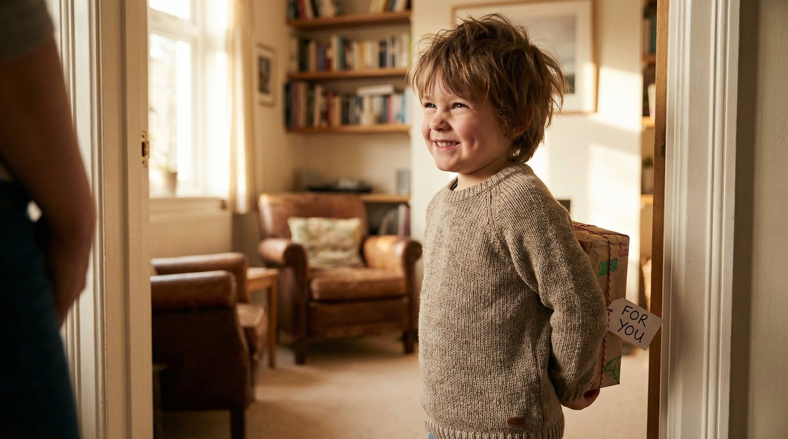 5-year-old with proud smile hiding wrapped gift behind back in doorway