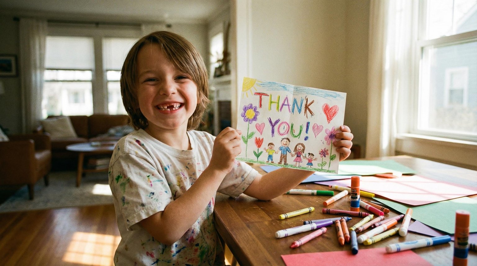 Joyful child proudly holding up handmade thank-you card with crayon drawings