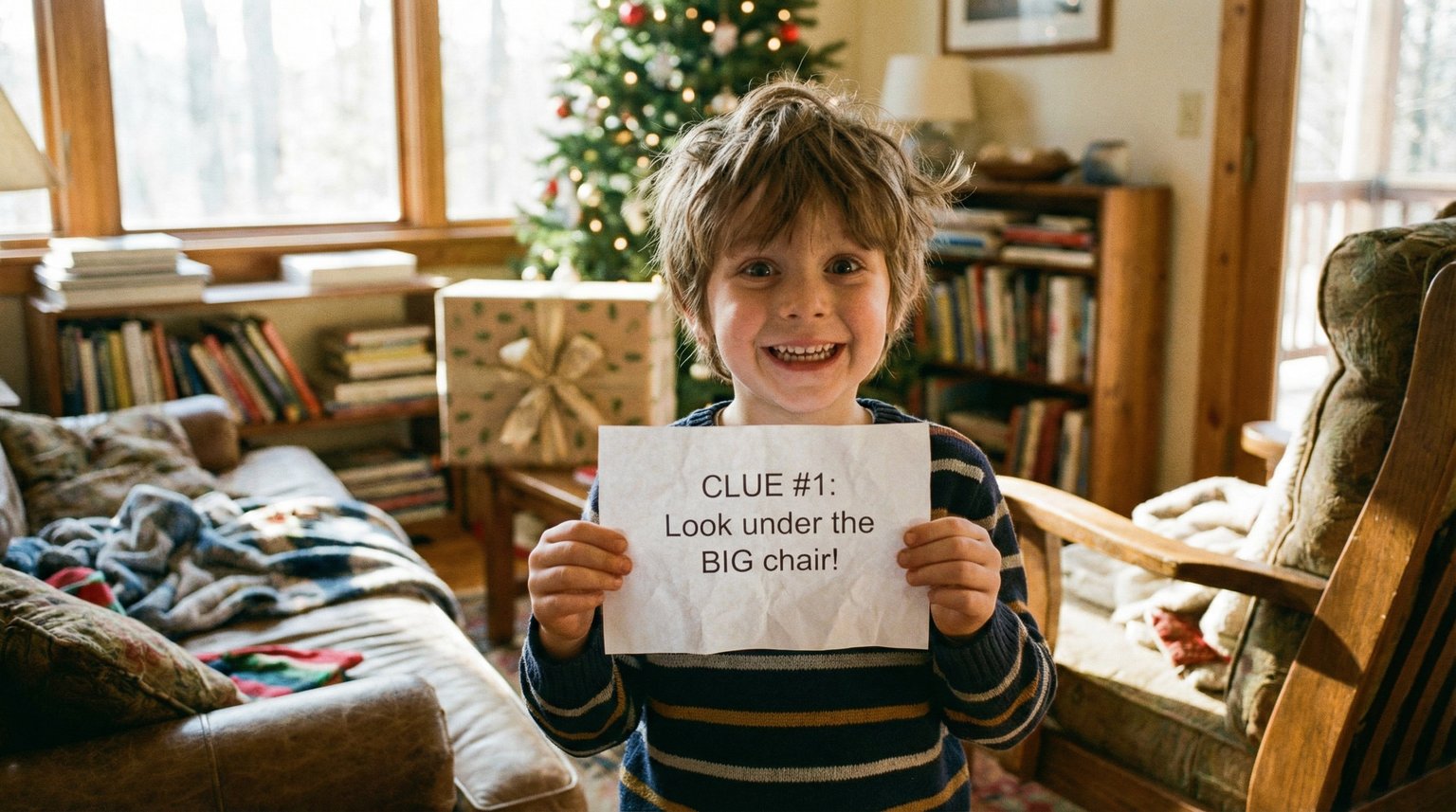 Excited six-year-old holding handwritten clue card in cozy living room with wrapped gift visible in background