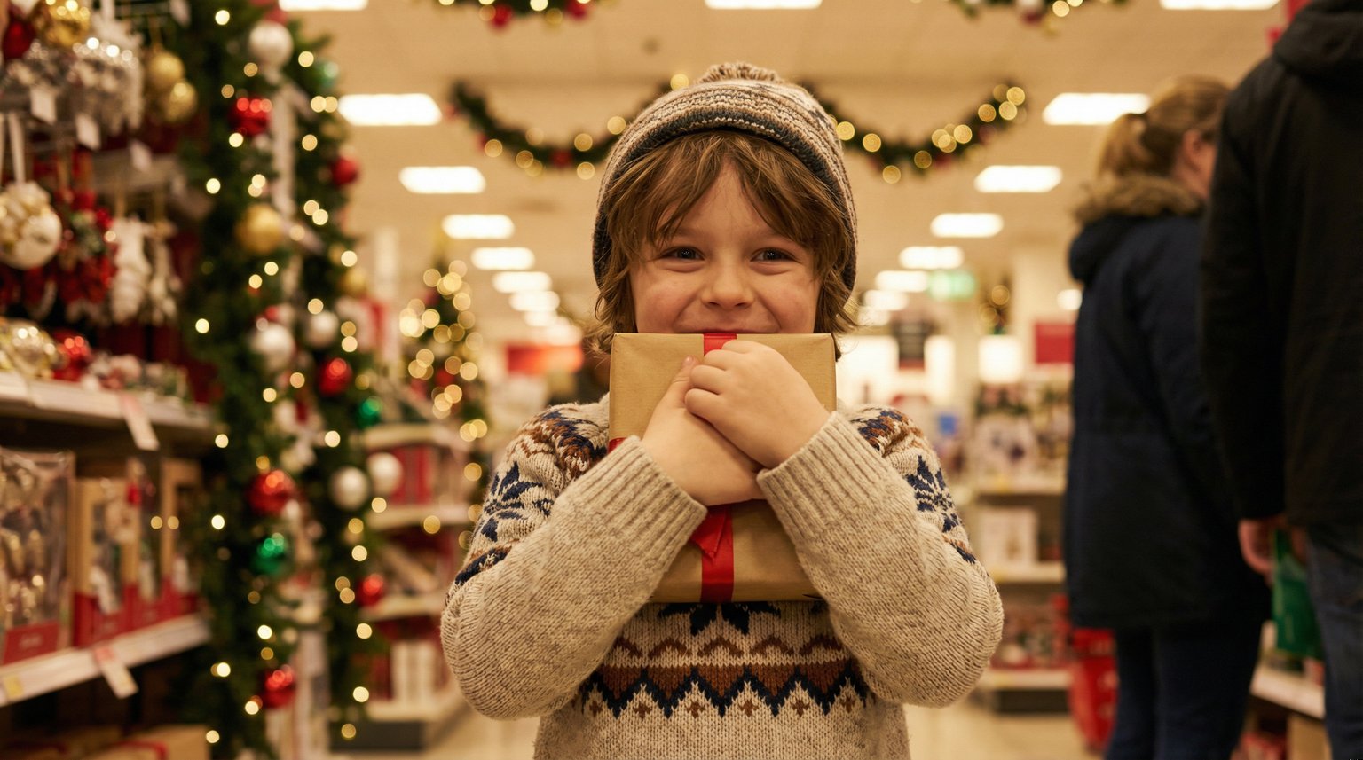 Young child in store holiday section clutching wrapped item with excited anticipation