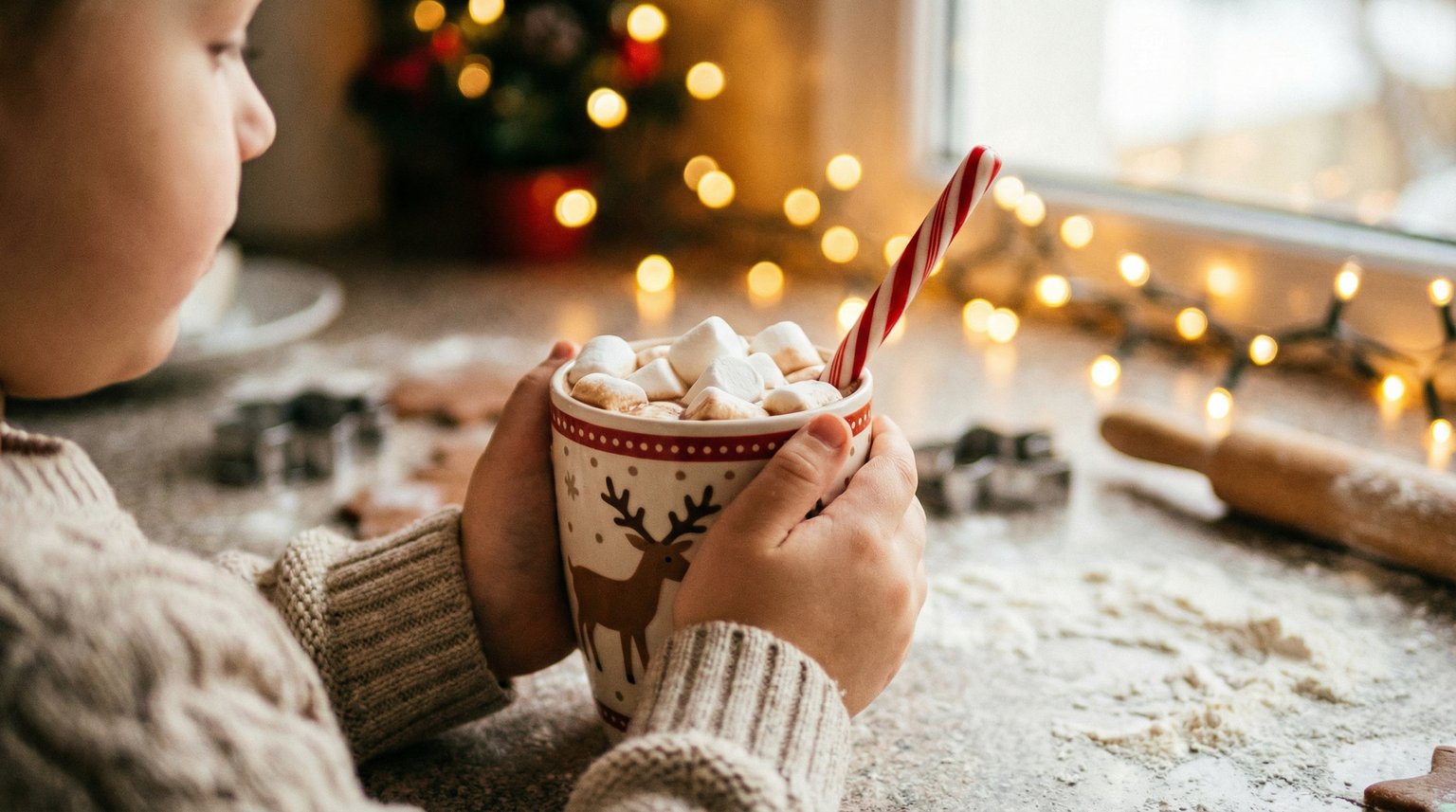 Child's hands wrapped around festive mug of hot cocoa with marshmallows and candy cane stirrer