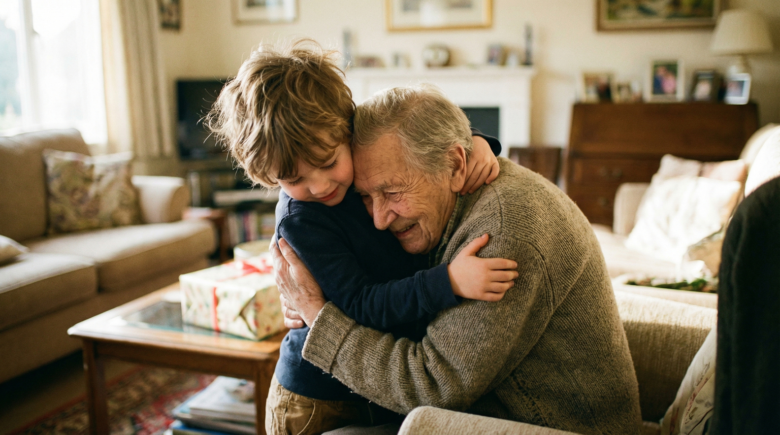Young child genuinely hugging grandparent after receiving a gift showing authentic gratitude