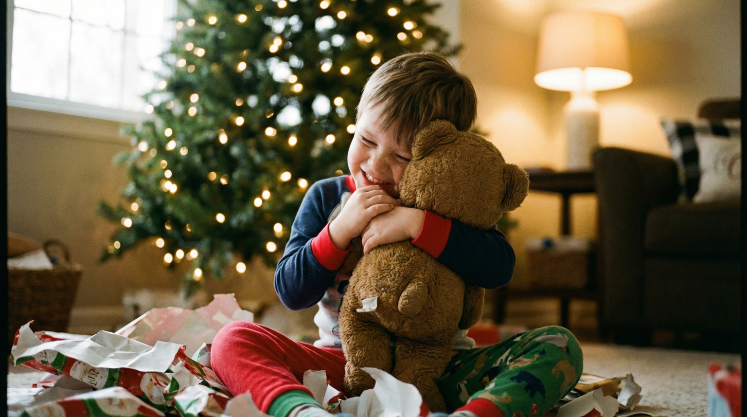 Young child joyfully hugging single stuffed animal on Christmas morning showing pure contentment