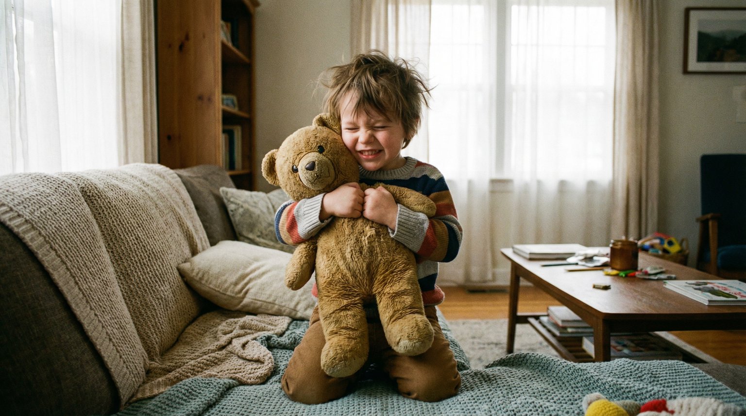 Young child giving a big happy hug to a large stuffed animal in cozy bedroom