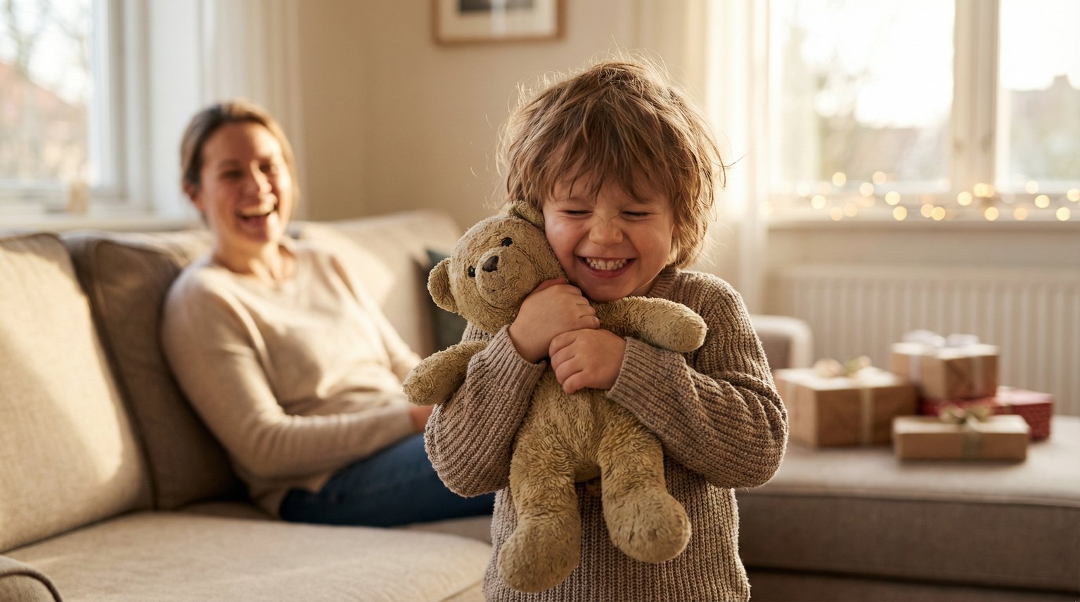 Child dramatically hugging simple toy with exaggerated joy while parent laughs in background
