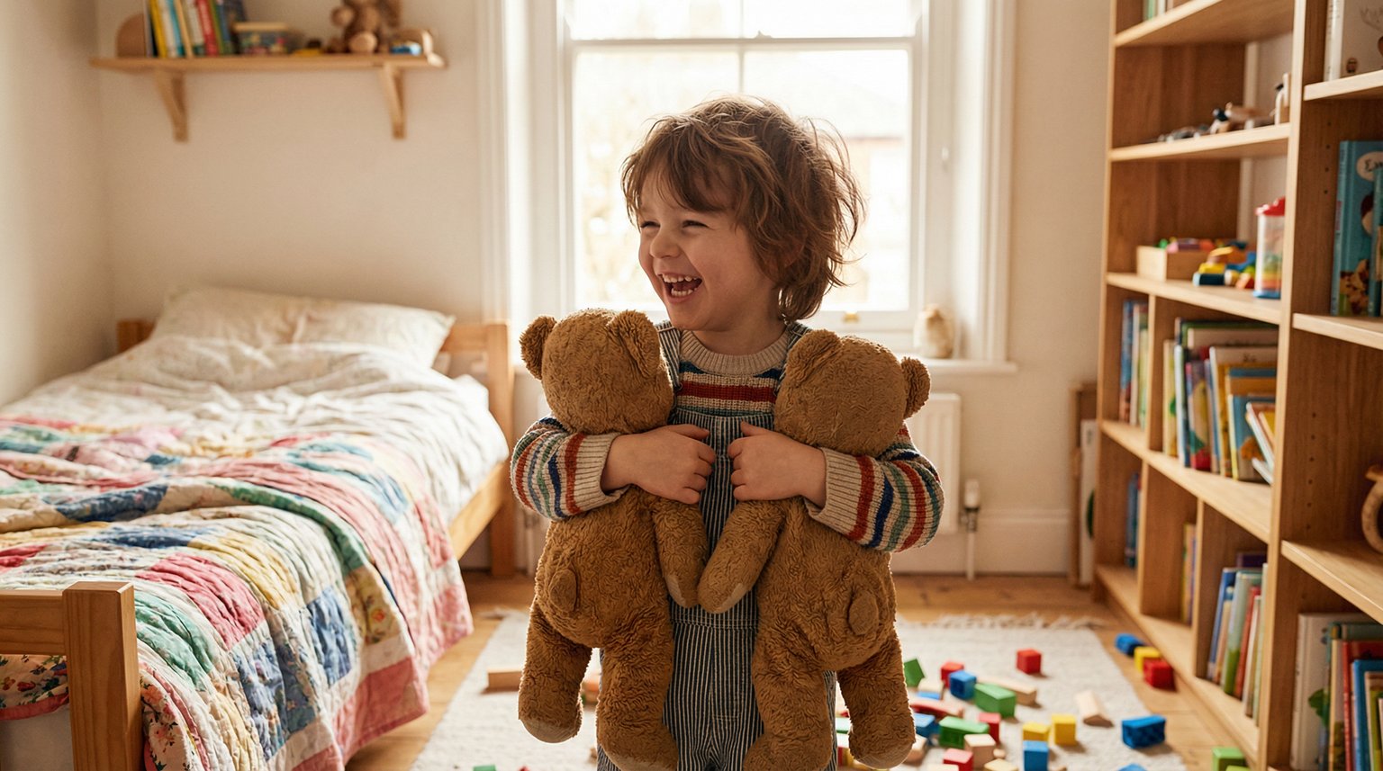 Four year old child happily hugging two identical stuffed animals one in each arm with pure joy