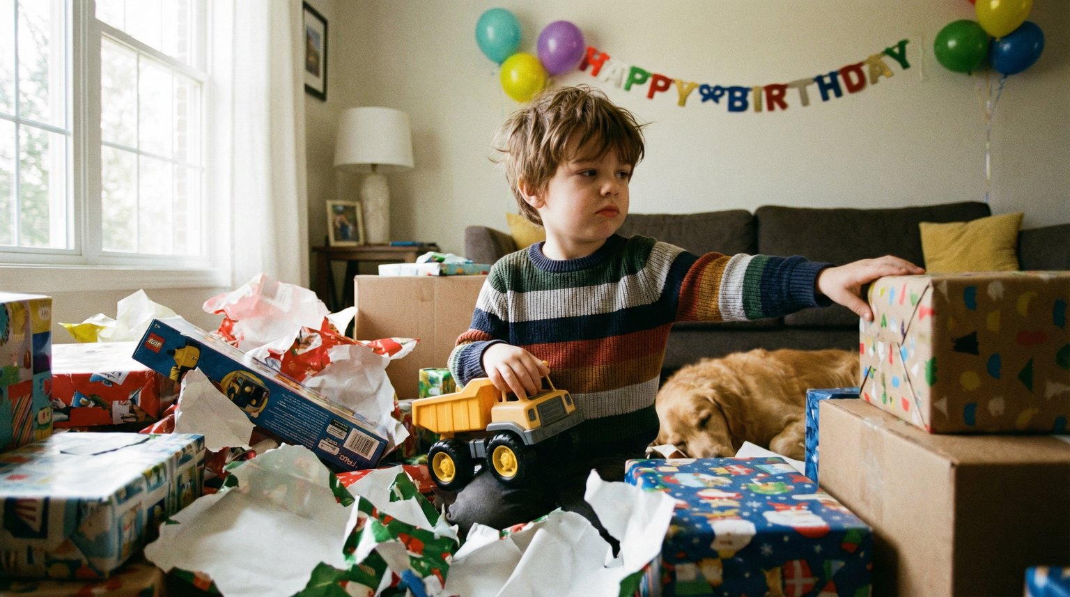 Five year old sitting among opened birthday presents looking disinterested and reaching for next wrapped box
