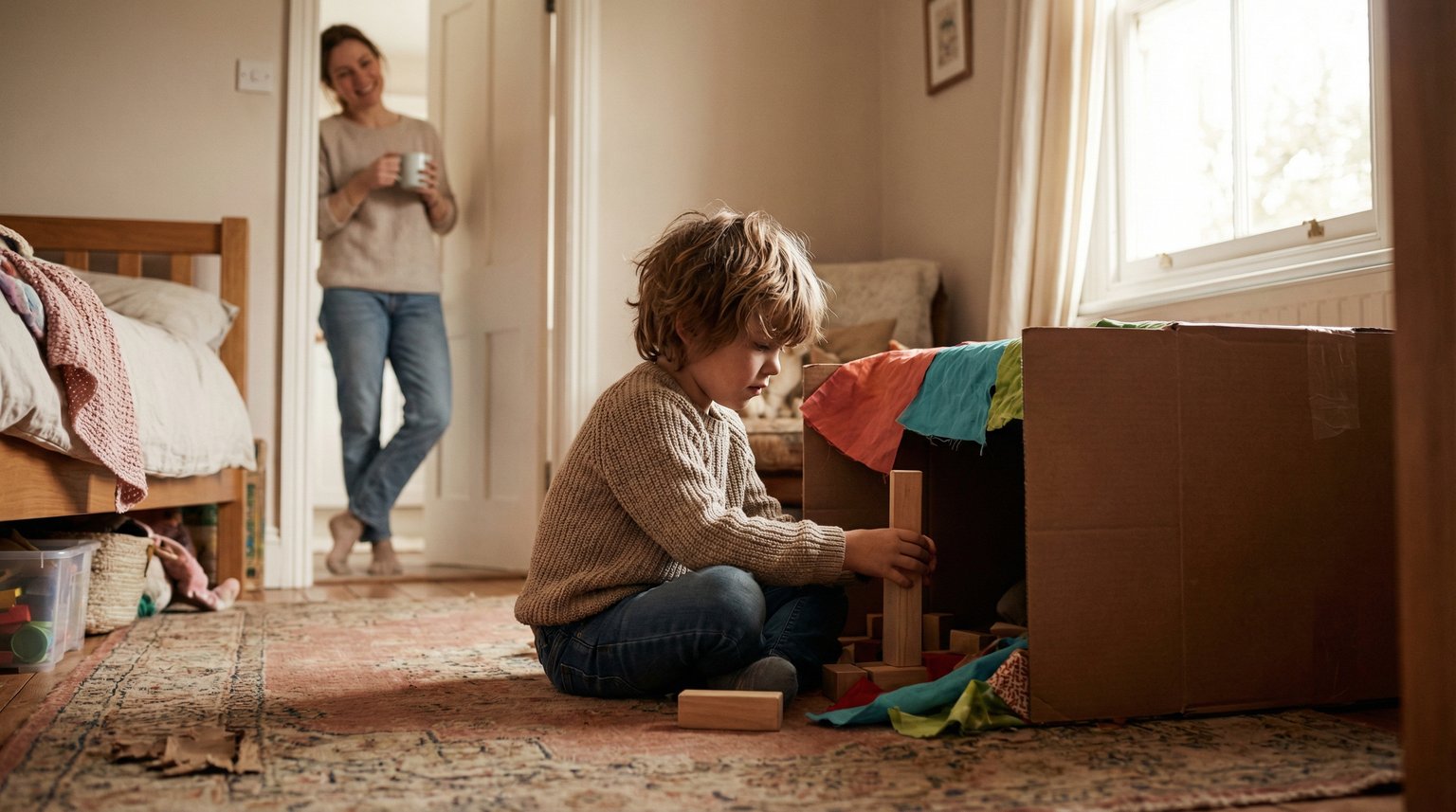 Child engaged in imaginative play on bedroom floor with simple open-ended toys
