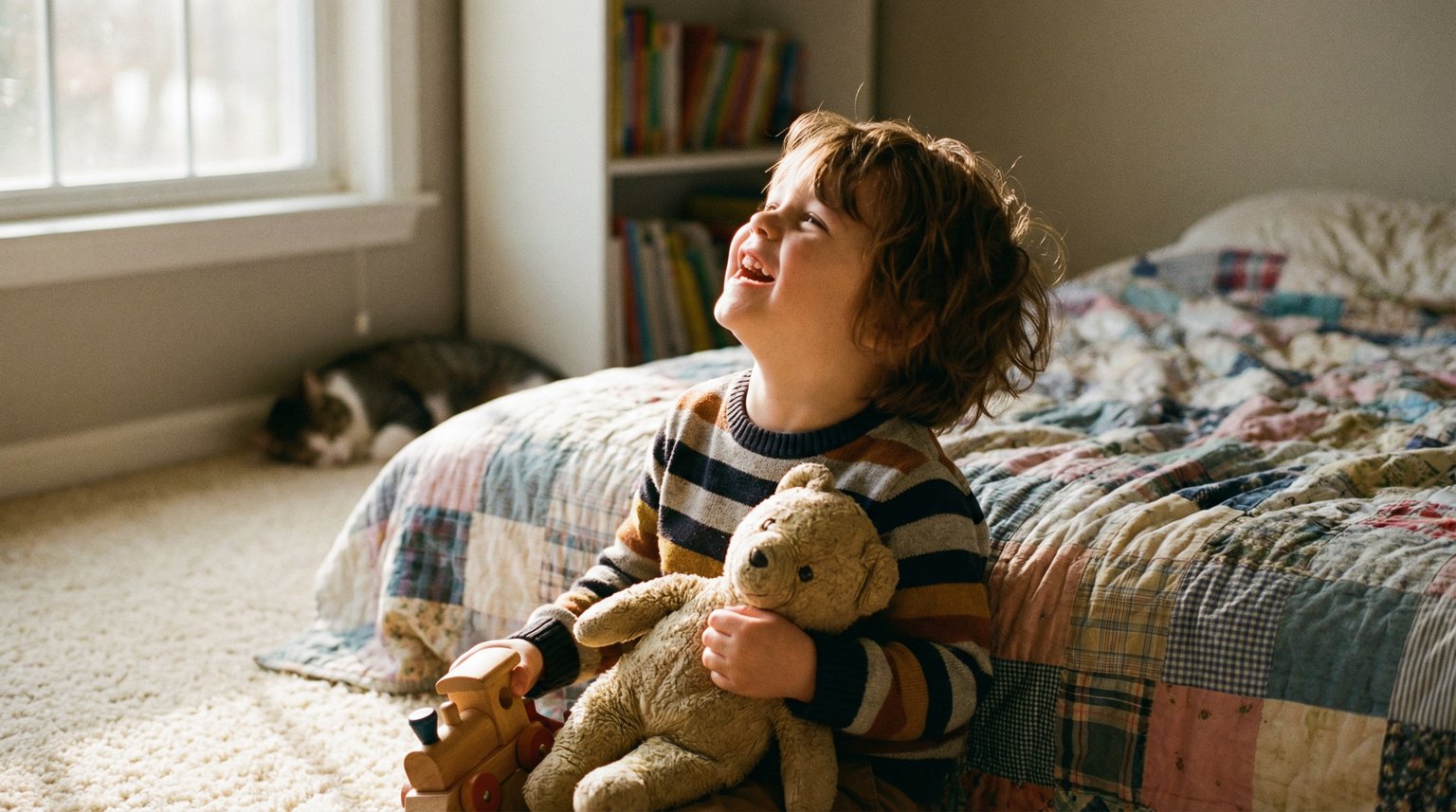 Joyful young child laughing while playing imaginatively with a simple wooden toy in warm golden light