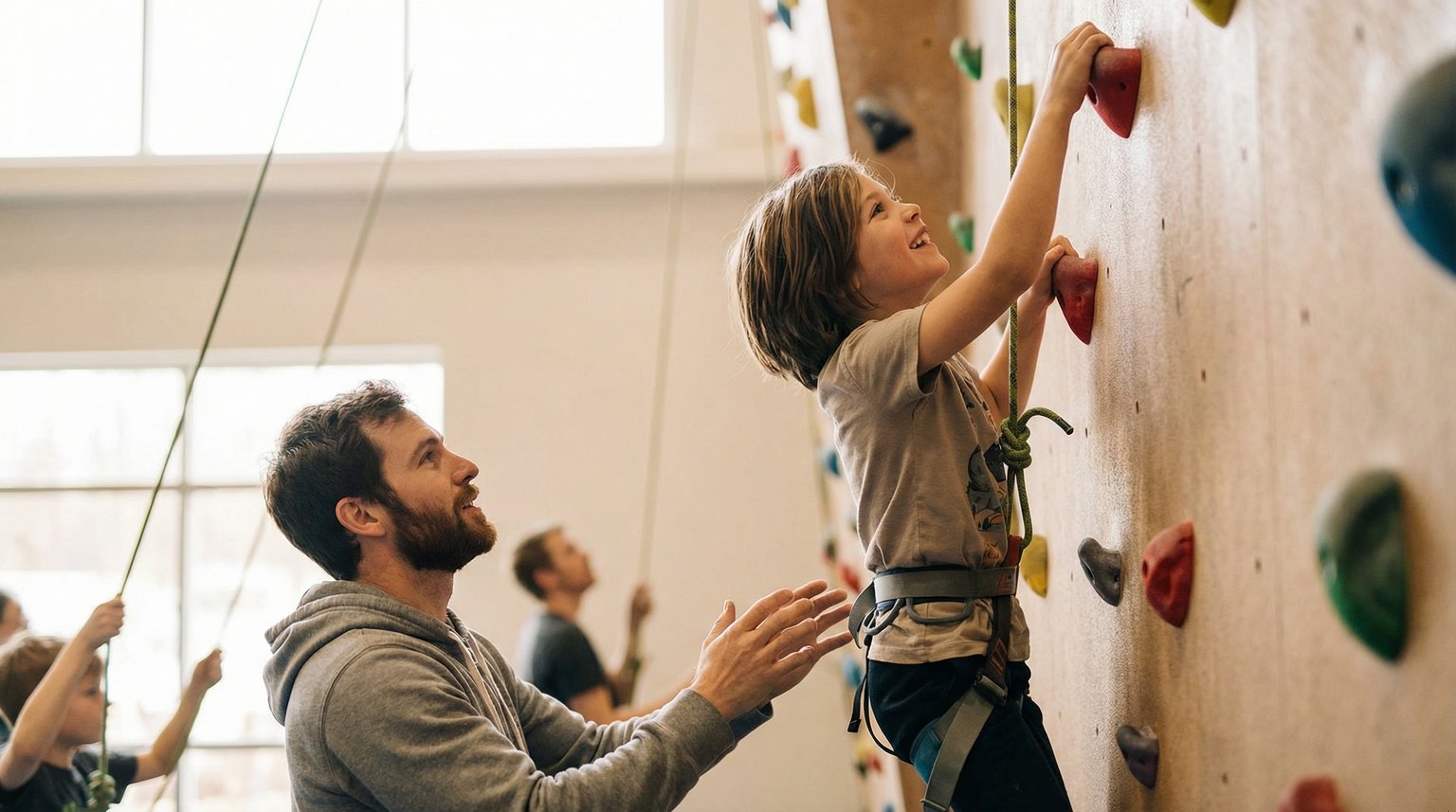 Ten year old child confidently climbing indoor rock wall with harness