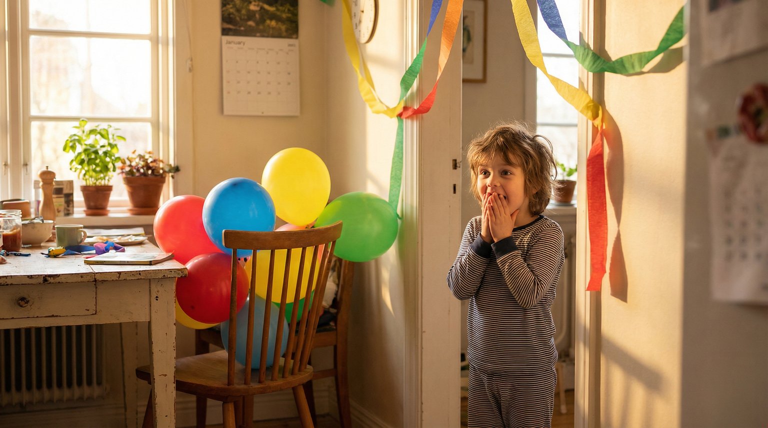 Young child in pajamas walking into balloon-decorated kitchen with face lighting up in surprise