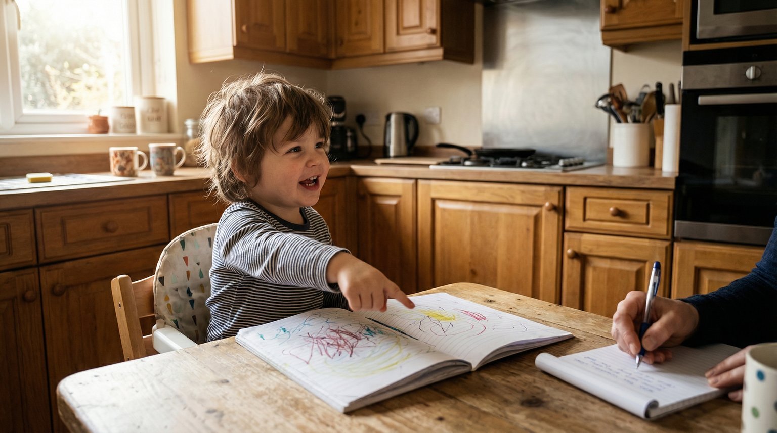 Young child at kitchen table pointing excitedly while parent takes notes during birthday interview