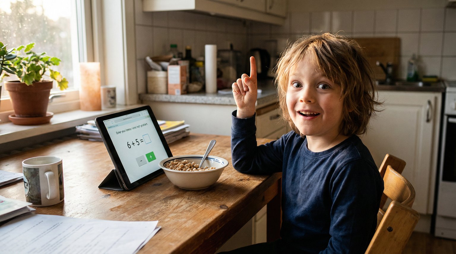 Young child at kitchen table with lightbulb moment expression of sudden understanding
