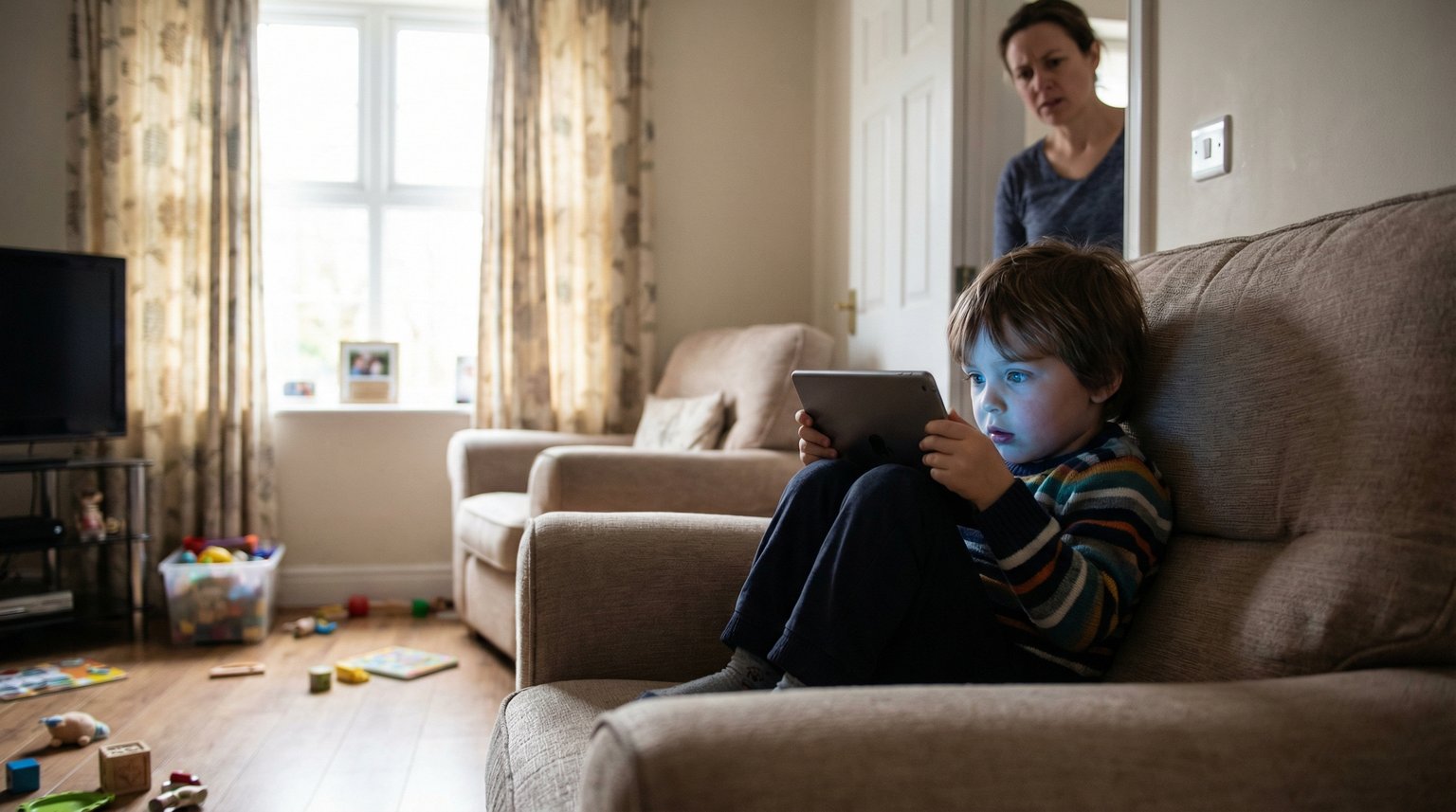 Young child mesmerized by tablet screen with parent looking concerned in background
