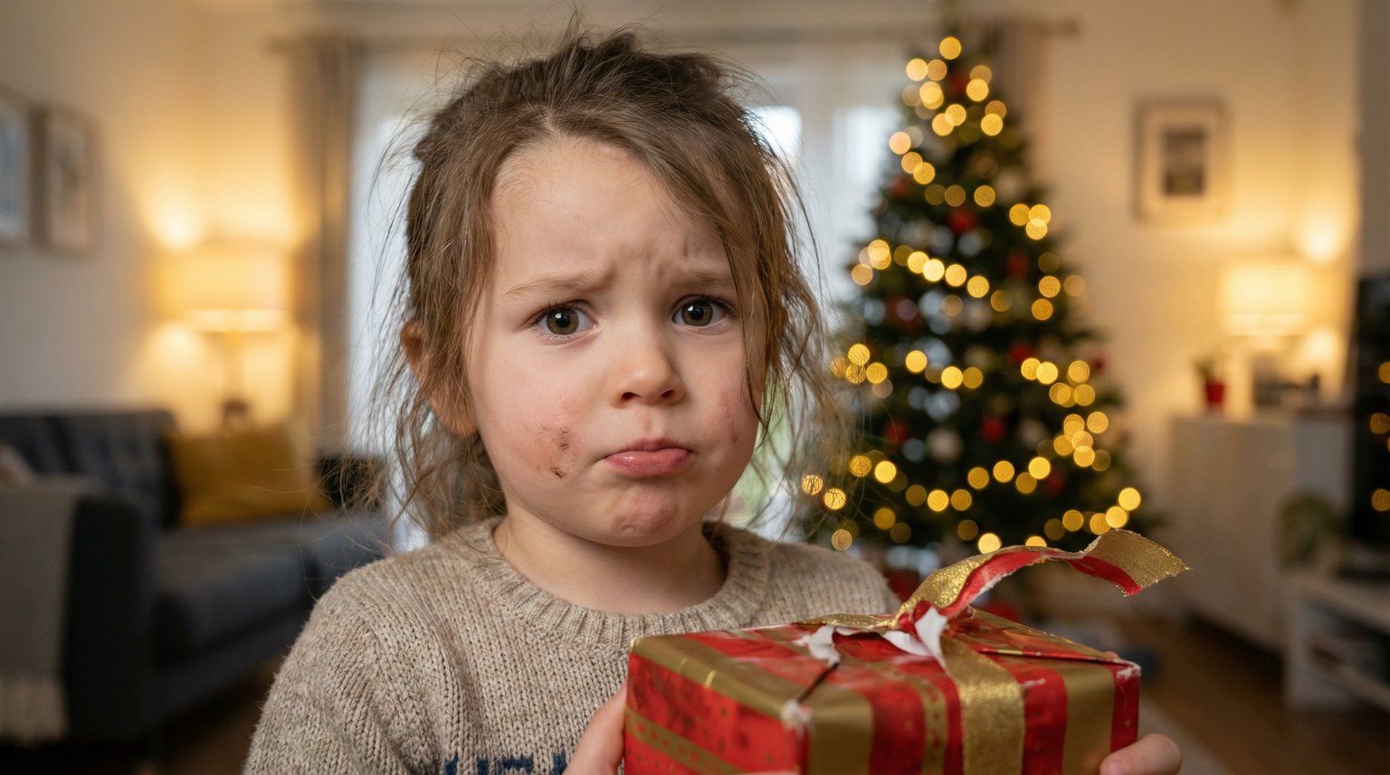 Close-up of young child's face showing mixed emotions of wonder and slight pout while holding partially unwrapped gift