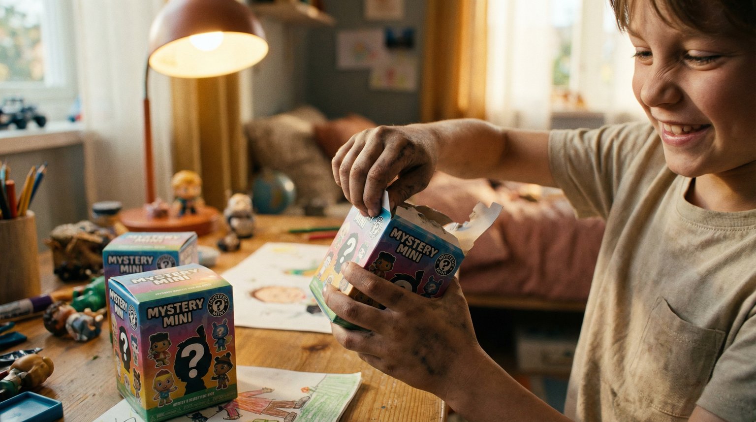 Child's hands excitedly tearing open mystery blind box toy package