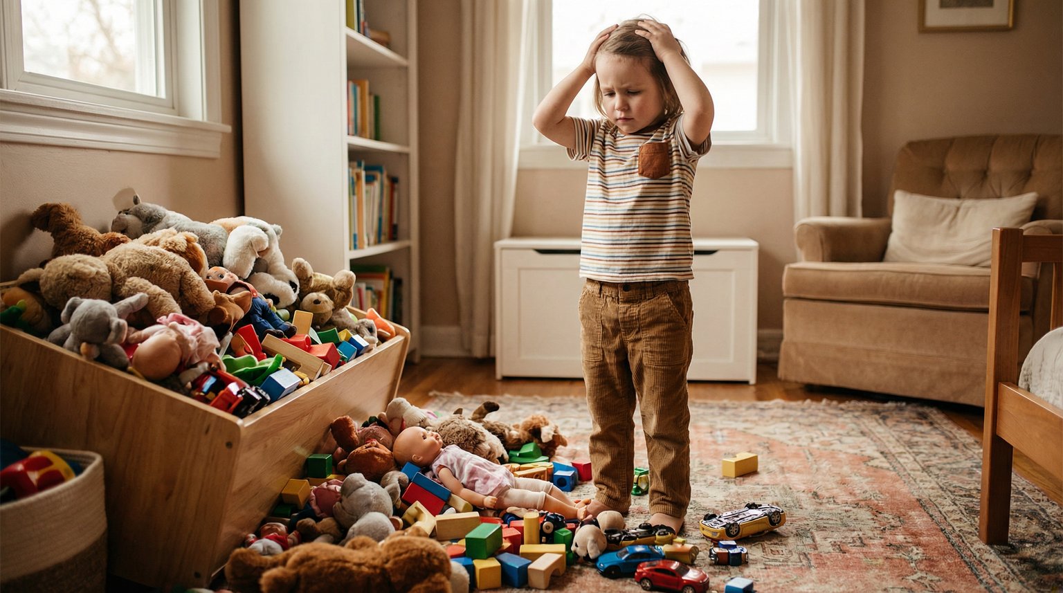 Young child standing overwhelmed in front of overflowing toy bin with toys spilling onto floor