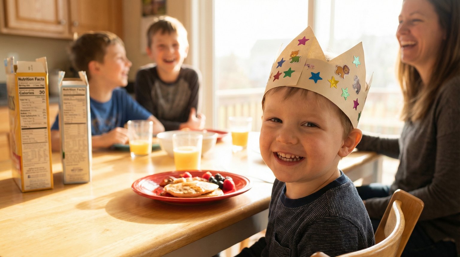 Smiling child wearing handmade paper birthday crown at breakfast table with special red plate