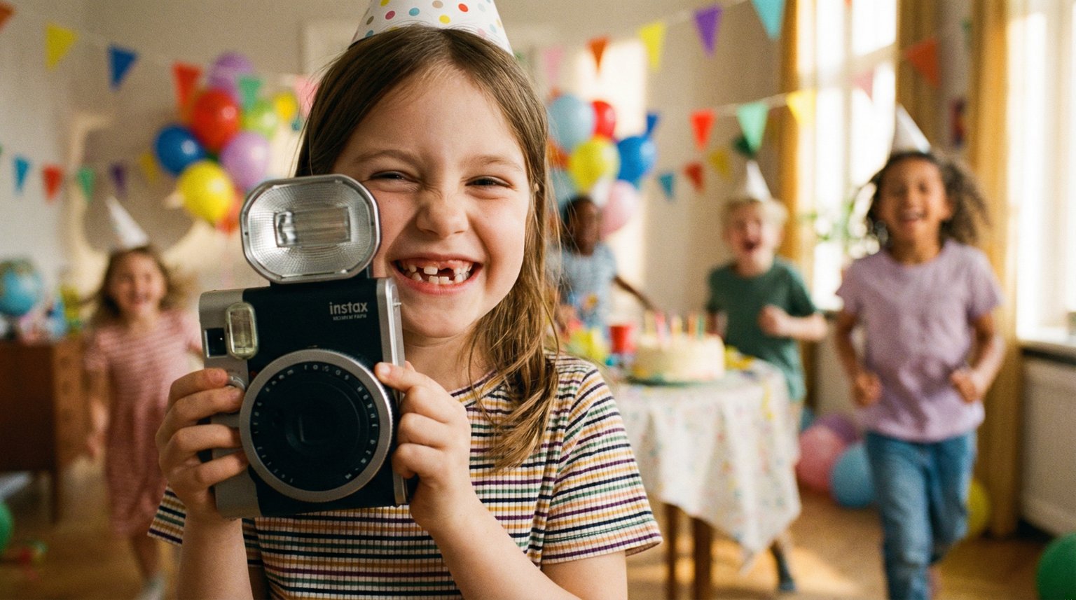 Proud child holding camera as official party photographer with big smile