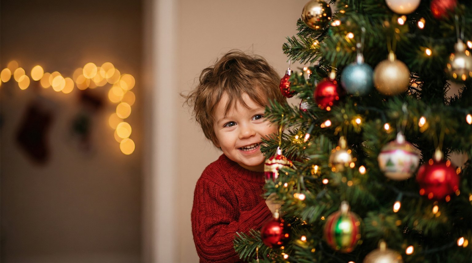 Young child peeking excitedly from behind Christmas tree with wide eyes full of anticipation
