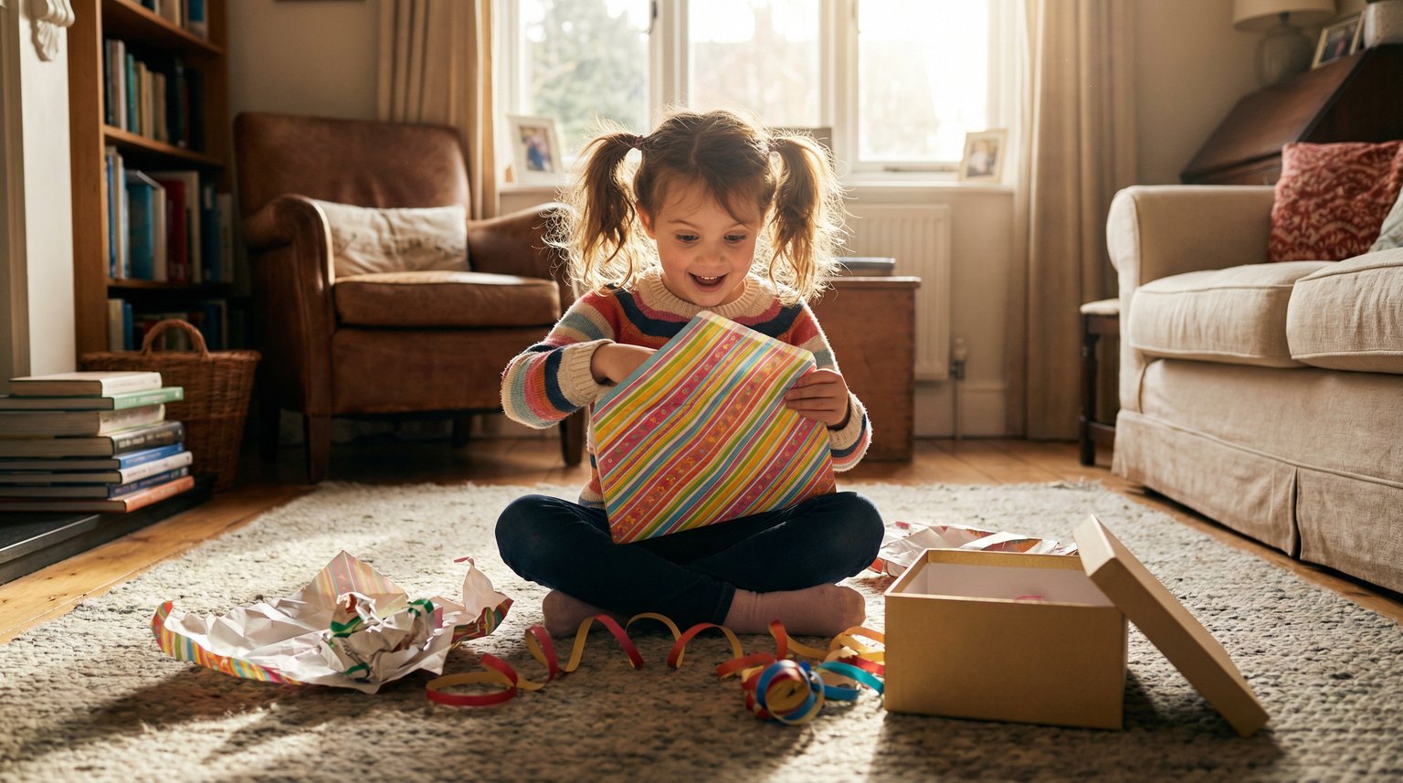 Young child excitedly peeking into colorful envelope with curious wide eyes on living room rug