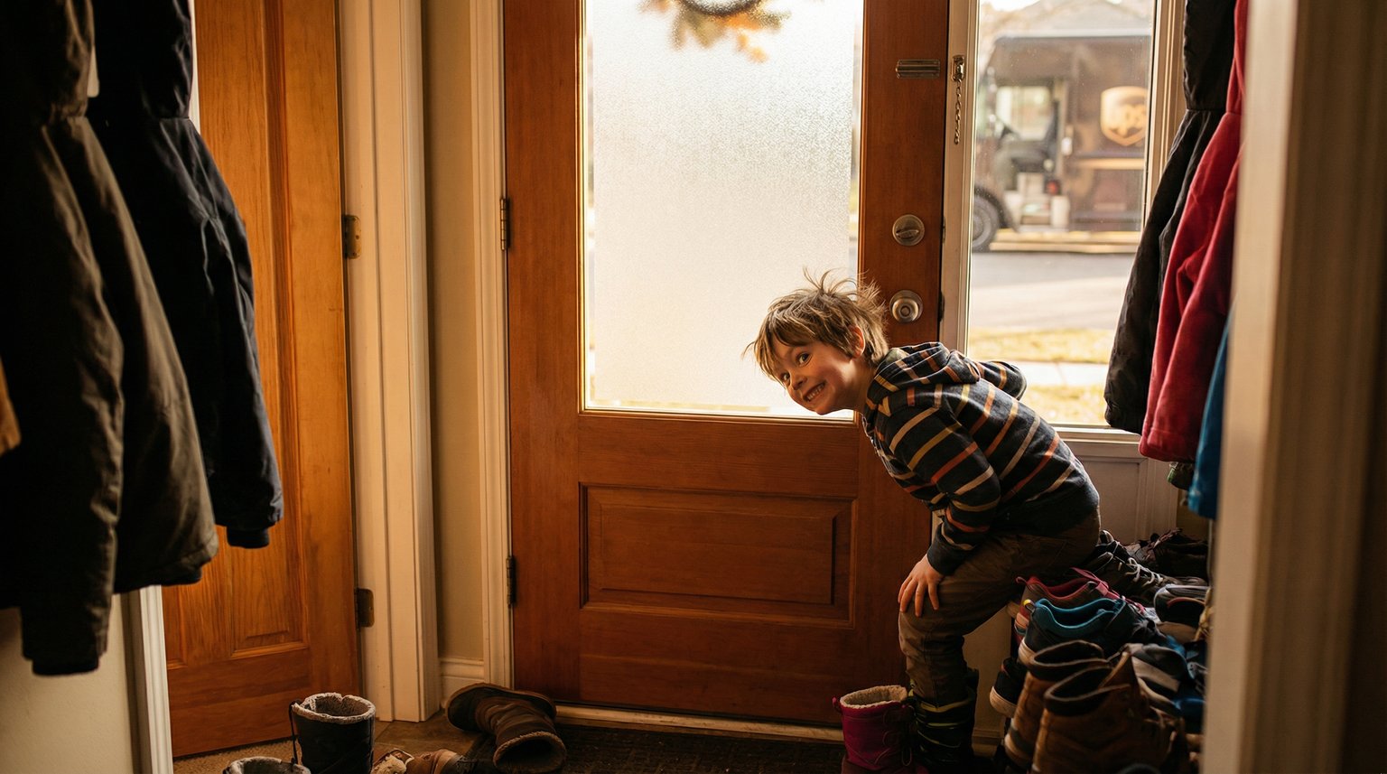 Young child peeking through front door window on tiptoes watching for delivery truck