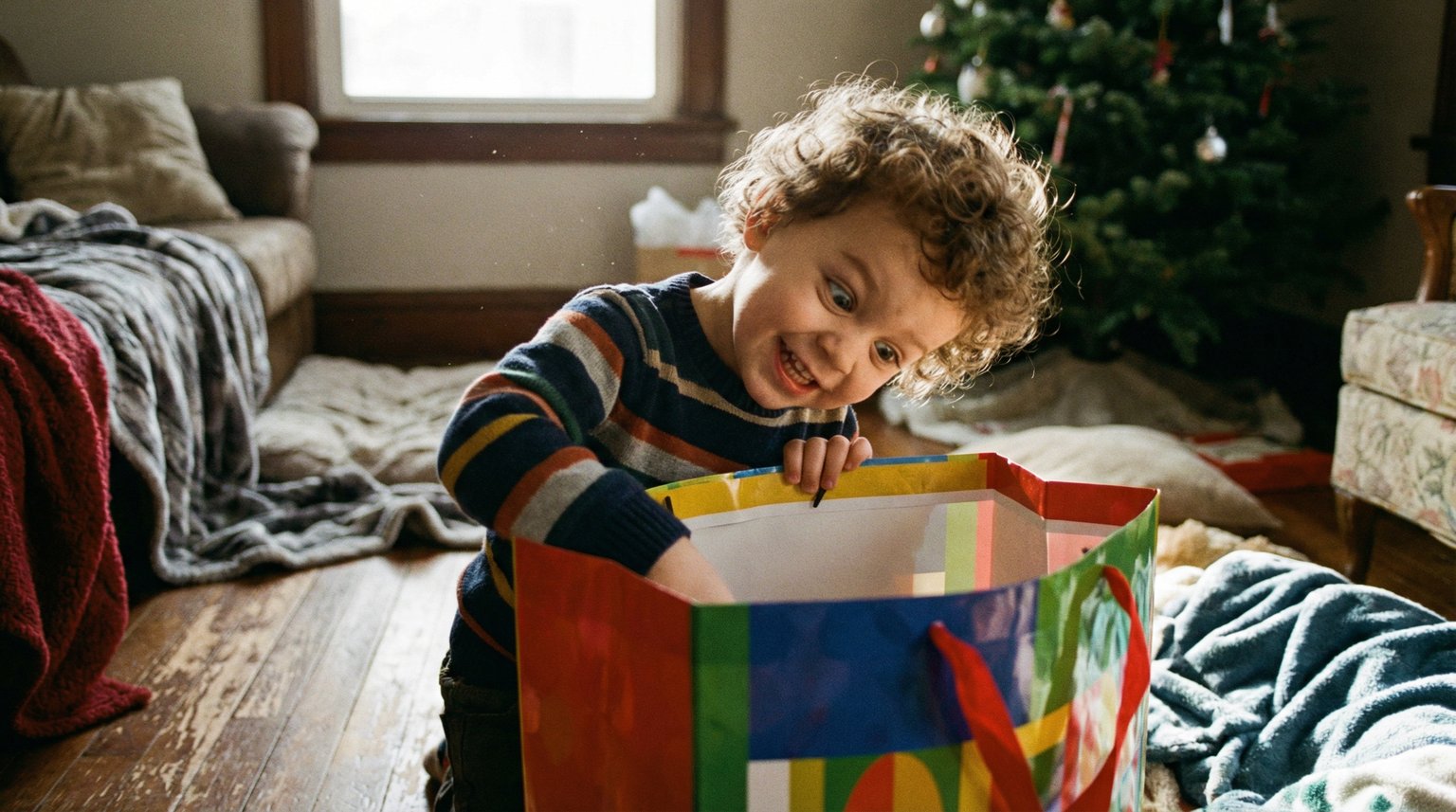 Young child peeking excitedly into a gift bag with a mischievous smile