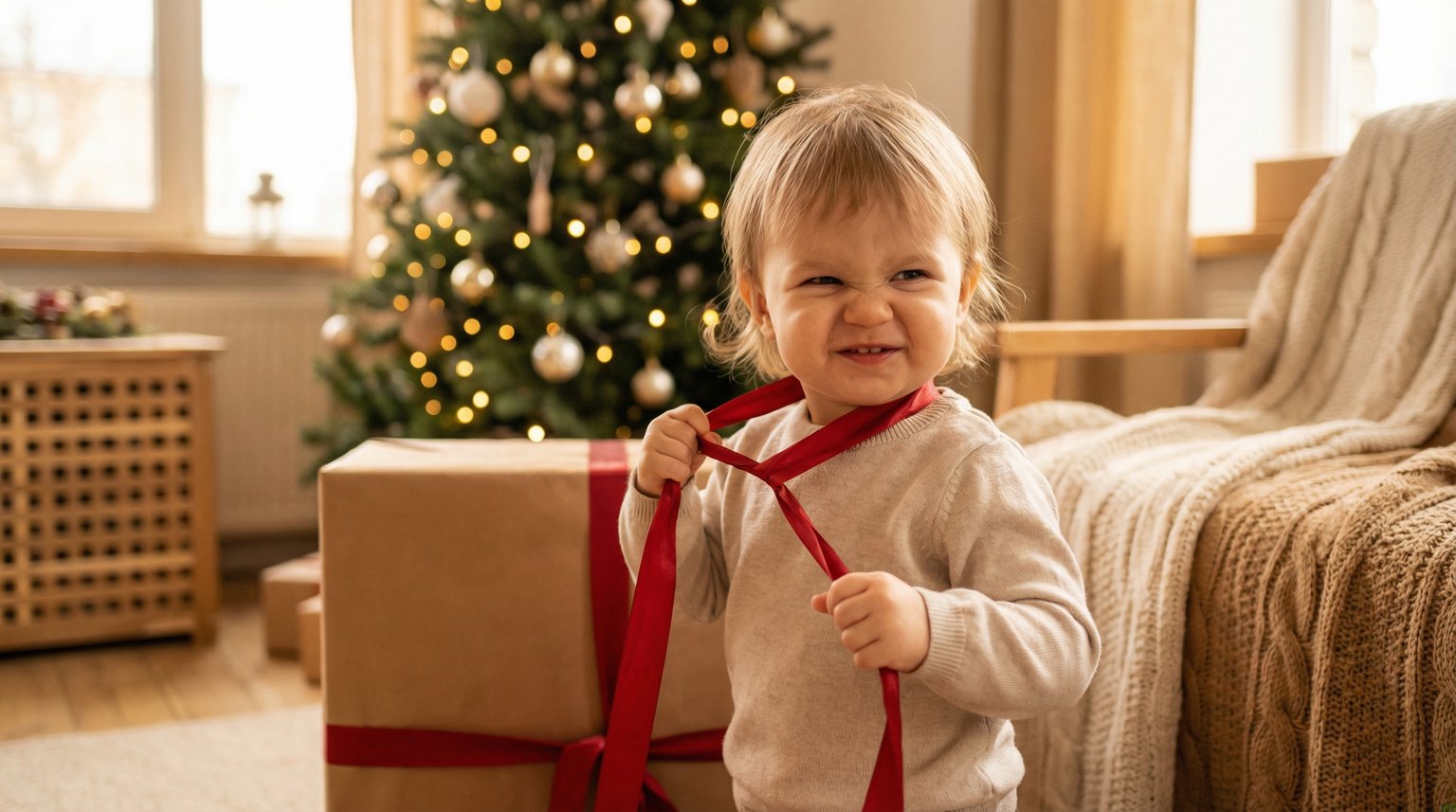 Young child laughing while peeking inside wrapped gift box as parent playfully holds it away