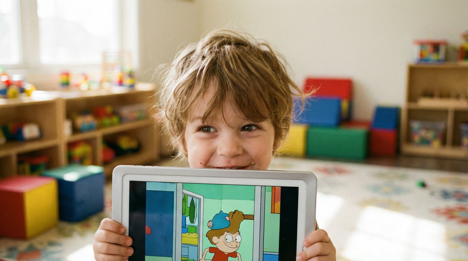 Young child around age 4 peeking over top of tablet with mischievous grin and sparkling curious eyes