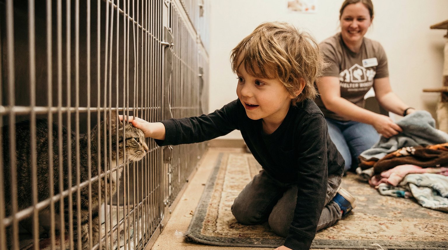 Young child kneeling at animal shelter gently petting cat through cage bars with expression of wonder